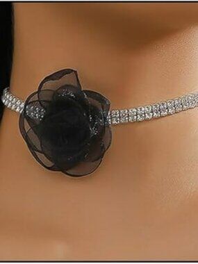 Black Flower Rhinestone Choker Necklace Prom Wedding Party Goth Punk